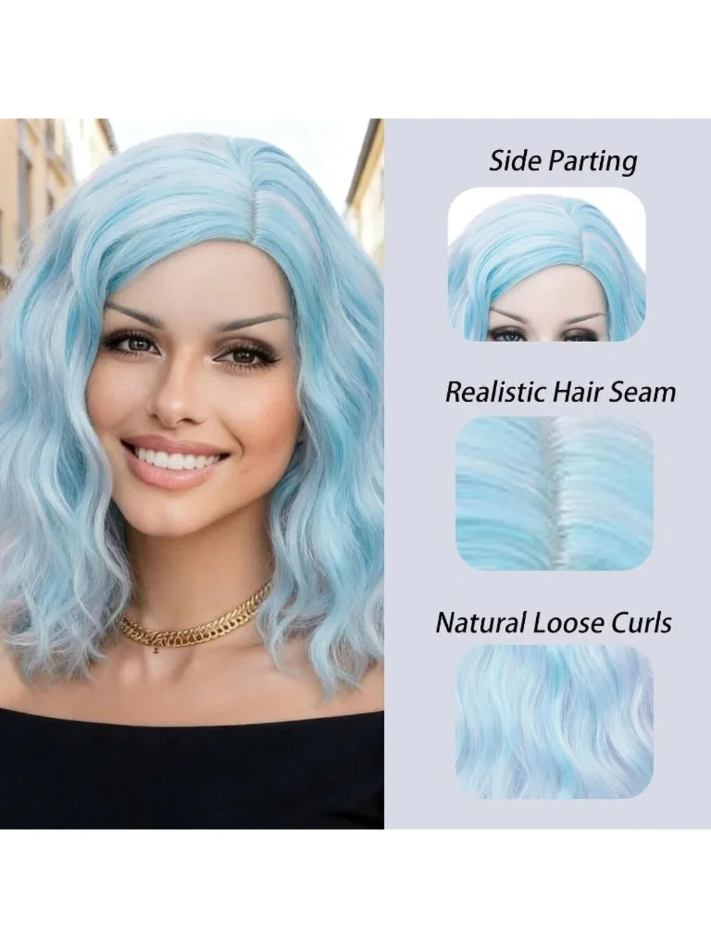 Women's 14 Inch Blue Wavy Bob Wig Short Curly Synthetic Heat Resistant